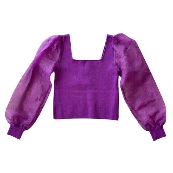 House Of Harlow Purple Sheer Puff Sleeve Square Neck Top NWT Size Extra Small - Picture 2 of 6